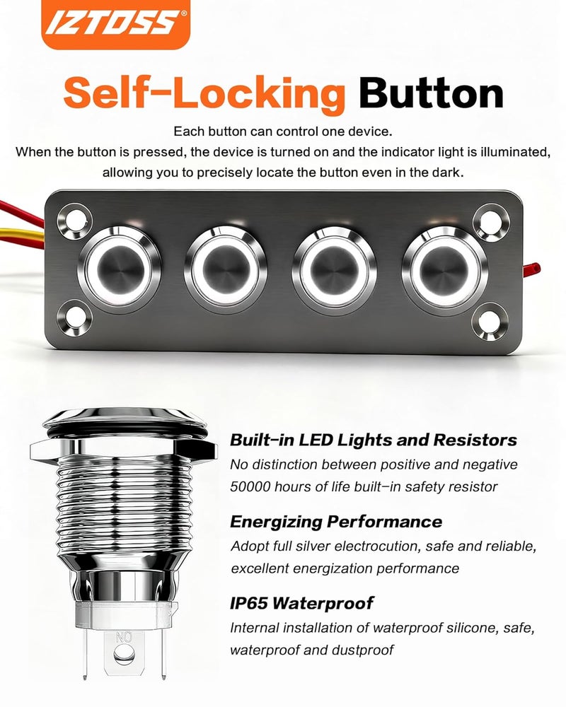 IZTOSS 4 Gang Aluminum Marine Rocker Switch Panel - Pre-Wired with White LED Indicator, 12-24 V Multi-Function Rocker Switch - Ideal for Marine motorhomes, Yachts - Image 2